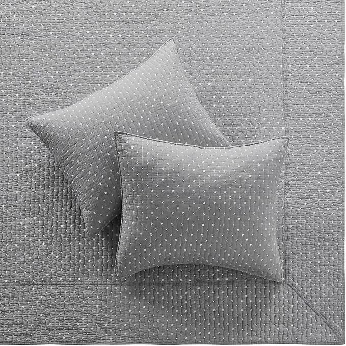 Levtex Home Cross Stitch Reversible Twin Bedspread Set (84x104in) with 1 Pillow Sham (26x20in) - Stitch Texture - Grey and White - Cotton Twin Size Bedspread Set - Lightweight, Soft, Pre-Washed