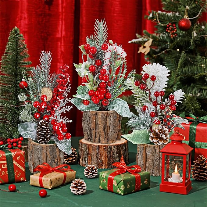 winemana 3 Pack Mini Christmas Trees Table Decorations, 11.5 Inch Small Artificial Xmas Tree Centerpieces with Red Berries & Pine Cones for Home, Office, Tabletop, Indoor Holiday Party Decor