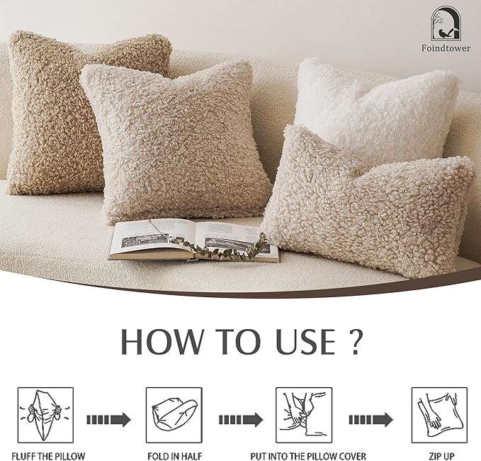 Foindtower Set of 2 Curly Teddy Wool Pillow Covers Decorative Boucle Textured Lumbar Throw Pillow Faux Fur Pillowcases Sheepskin Cushion Case for Sofa Bedroom Car 12"x20" Light Khaki
