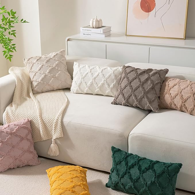 Set of 2 Soft Moroccan Throw Pillow Covers 24x24 Inch Plush Boho Decorative Pillow Cover Accent Cushion Case for Couch Sofa Bed, Beige