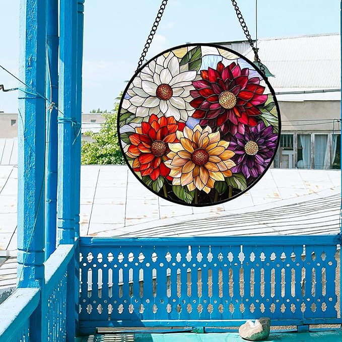 Stained Glass Window Hanging, Colorful Flowers Sun Catcher for Window Door Home Decor Plant Suncatcher Christmas Mother's Day Birthday Gifts for Women Men Mom and Nana 11.8 in