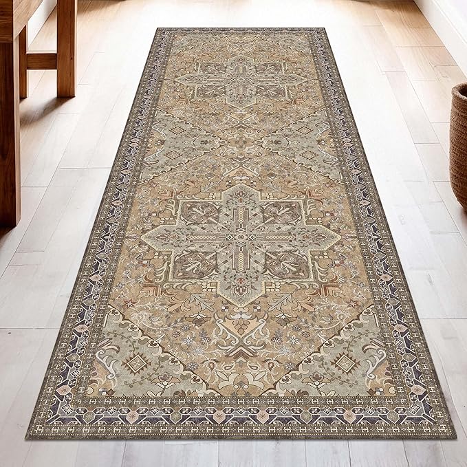 Washable Runner Rug 2x6 | Non Slip Rug Runners for Hallways, Entryways, Kitchens, Bathrooms, Bedrooms | Ultra-Soft Flannel Carpet Runners with Rubber Backing (Olive Brown, 2x6)