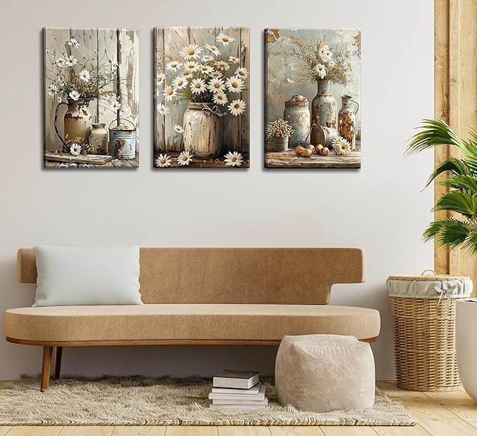 Rustic Farmhouse Daisy Flower Canvas wall art Vintage Country Floral Poster Print Artwork Modern Still Life Nature Botanical Wall Decor for Bedroom, Living Room Bathroom Scene Furniture Decoration