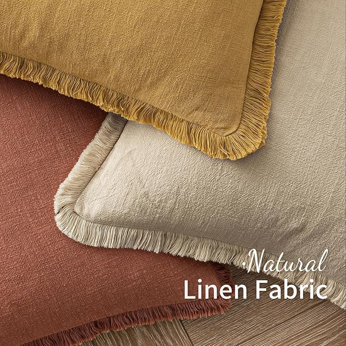 MIULEE Fall Decorative Throw Pillow Covers Neutral Linen Fringe Throw Pillows Set of 2 Late Autumn Boho Farmhouse Cushion Covers for Couch Sofa Bed Living Room Spring Home Decor 18x18 Inch