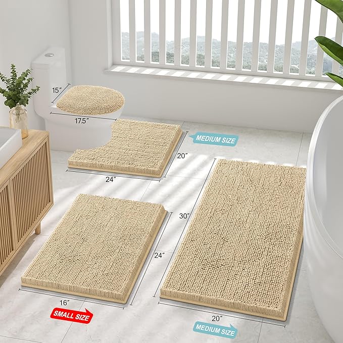 Smiry Luxury Chenille Bathroom Rugs 34x21, Extra Soft and Absorbent Shaggy Bath Mat, Machine Washable, Non-Slip Plush Carpet Runner for Tub, Shower, and Floor, Home Decor Accessories, Beige