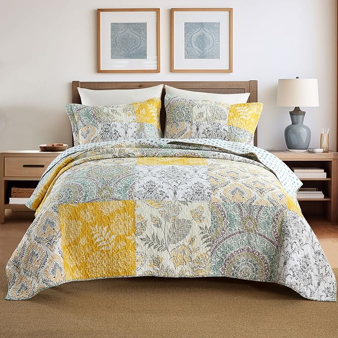 Secgo King Size Comforter Set- 100% Cotton Quilt King Size Set, Green, Sage bedspreads (96 * 108 Inch) with 2 Pillow Shams, Patchwork Reversible Lightweight Bedding