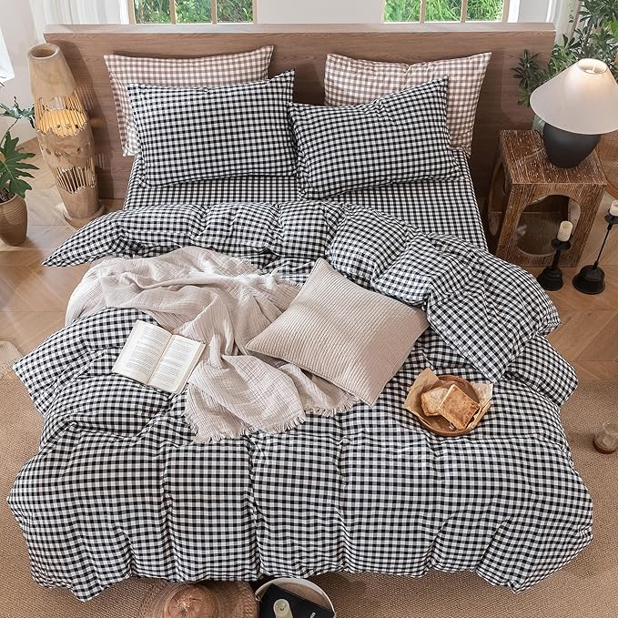 MooMee Gingham Duvet Cover Set 100% Washed Cotton Linen Like Textured Breathable Durable Soft Comfy Modern Checkered Design (Black White Gingham, Cal King 104"x98")