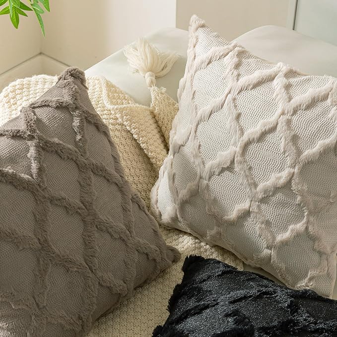 Set of 2 Soft Moroccan Throw Pillow Covers 22x22 Inch Plush Boho Decorative Pillow Cover Accent Cushion Case for Couch Sofa Bed, Deep Grey