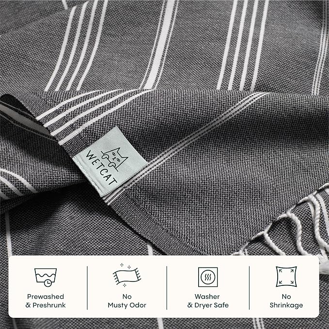 WETCAT Turkish Beach Towel Oversized (38"x71") 100% Turkish Cotton, Made in Turkey - Sand Free, Extra Large, Ultra Soft, Quick Drying, Compact & Lightweight for Travel - Black