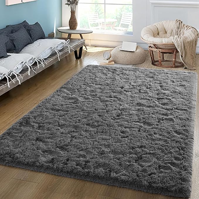 5x8 Grey Fluffy Area Rugs for Bedroom, Soft Indoor Plush Rug for Living Room, Large Furry Fuzzy Shag Floor Carpet for Kids Nursery Boys Room Dorm Classroom Home Office Decor Mat