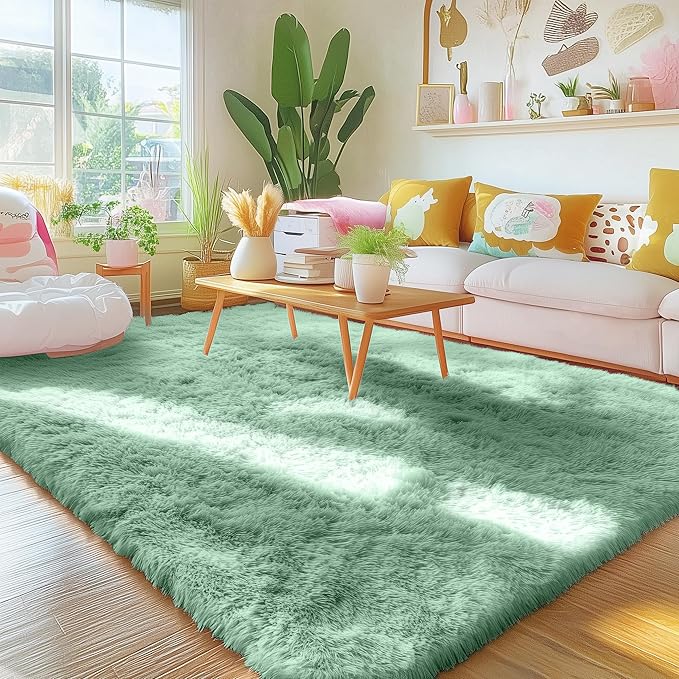 OLANLY Area Rugs for Living Room Bedroom, Machine Washable 4x5.9 ft Soft Fluffy Shaggy Bedside Rug, Indoor Floor Carpet for Kids Girls and Boys, Dorms, Nursery Rooms, Home Decor Aesthetic, Mint Green