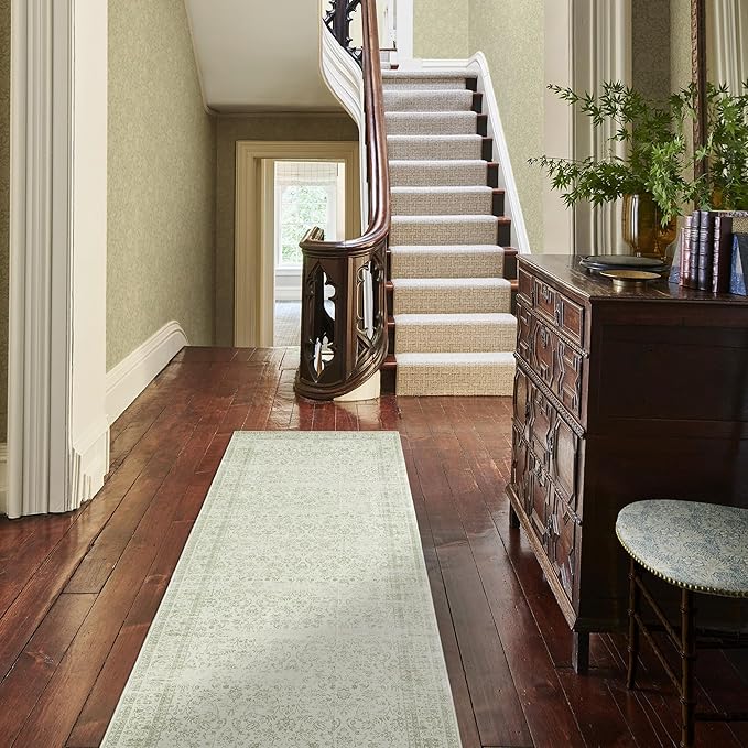 Sage Green Washable Bathroom Hallway Runner Rug Non Slip Vintage Boho Floral Long Runners Rugs for Entryway Indoor Laundry Room Bath Floor Kitchen,2x6