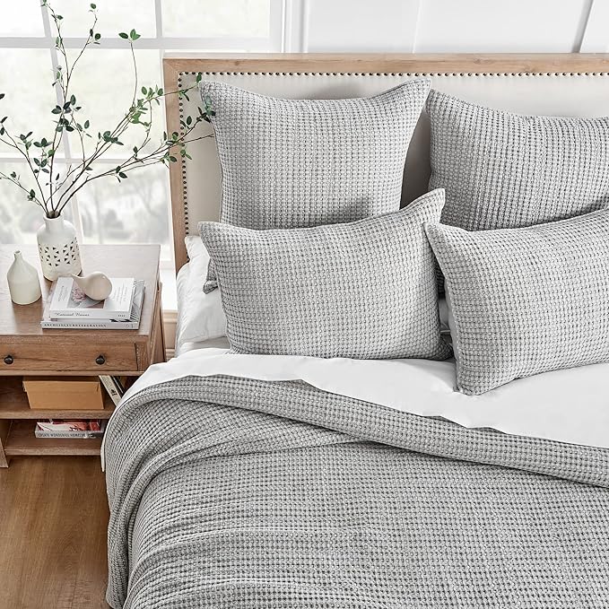 Levtex Home Mills Waffle Twin Bedspread Set (84x104in) with 1 Pillow Sham (26x20in) - Grey - Cotton Waffle Twin Size Bedspread Set - Lightweight, Soft, Pre-Washed