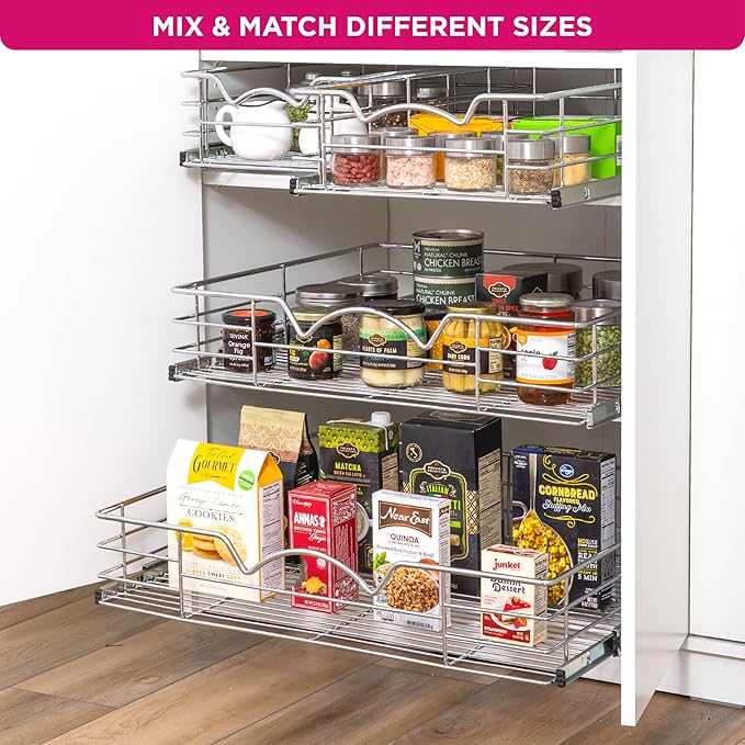 HOLDN’ STORAGE Pull Out Cabinet Organizer, Individual Sliding Drawers - Heavy Duty Metal with Lifetime Limited Warranty - Anti Rust Chrome Finish (Single Tier, 26" W)