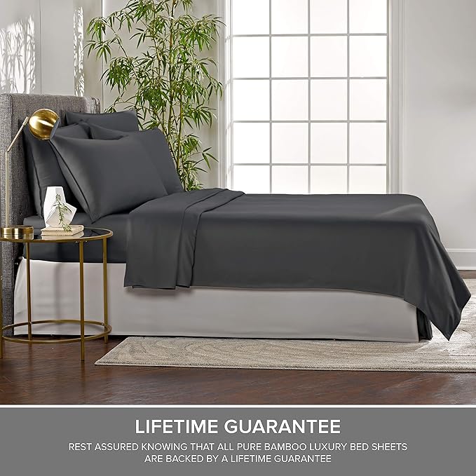 Split King Sheets by Pure Bamboo, Genuine 100% Organic Viscose Derived from Bamboo Bed Sheet Set, Soft & Cooling, Double Stitching *Not for Split Top (Split King, Charcoal)