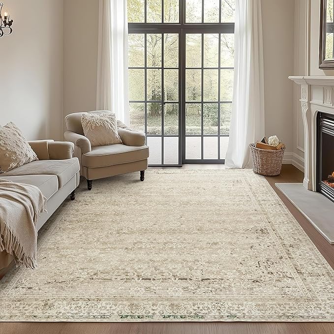 Neutral Area Rugs 8x10 for Living Room,Boho Washable Earth Tone Vintage Floral Modern Farmhouse Bedroom Dining Room Rug Under Table,Cream Beige Tan Brown