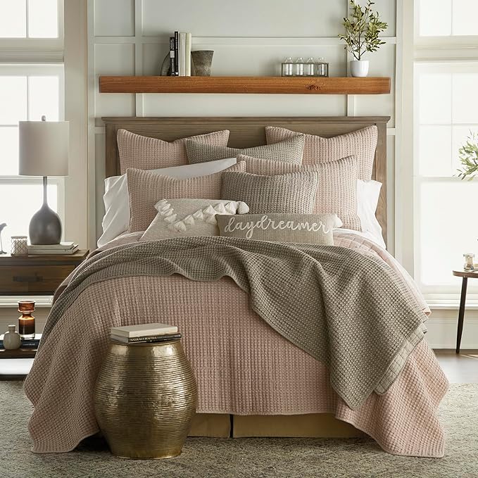 Levtex Home Mills Waffle King/Cal King Quilt Set (106x92in) with 2 Pillow Shams (36x20in) - Blush - Cotton Waffle King Size Quilt Bedding Set - Lightweight, Soft, Pre-Washed