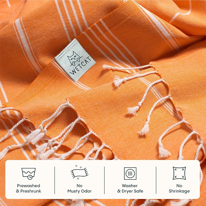 WETCAT Turkish Beach Towel Oversized (38"x71") 100% Turkish Cotton, Made in Turkey - Sand Free, Extra Large, Ultra Soft, Quick Drying, Compact & Lightweight for Travel - Orange