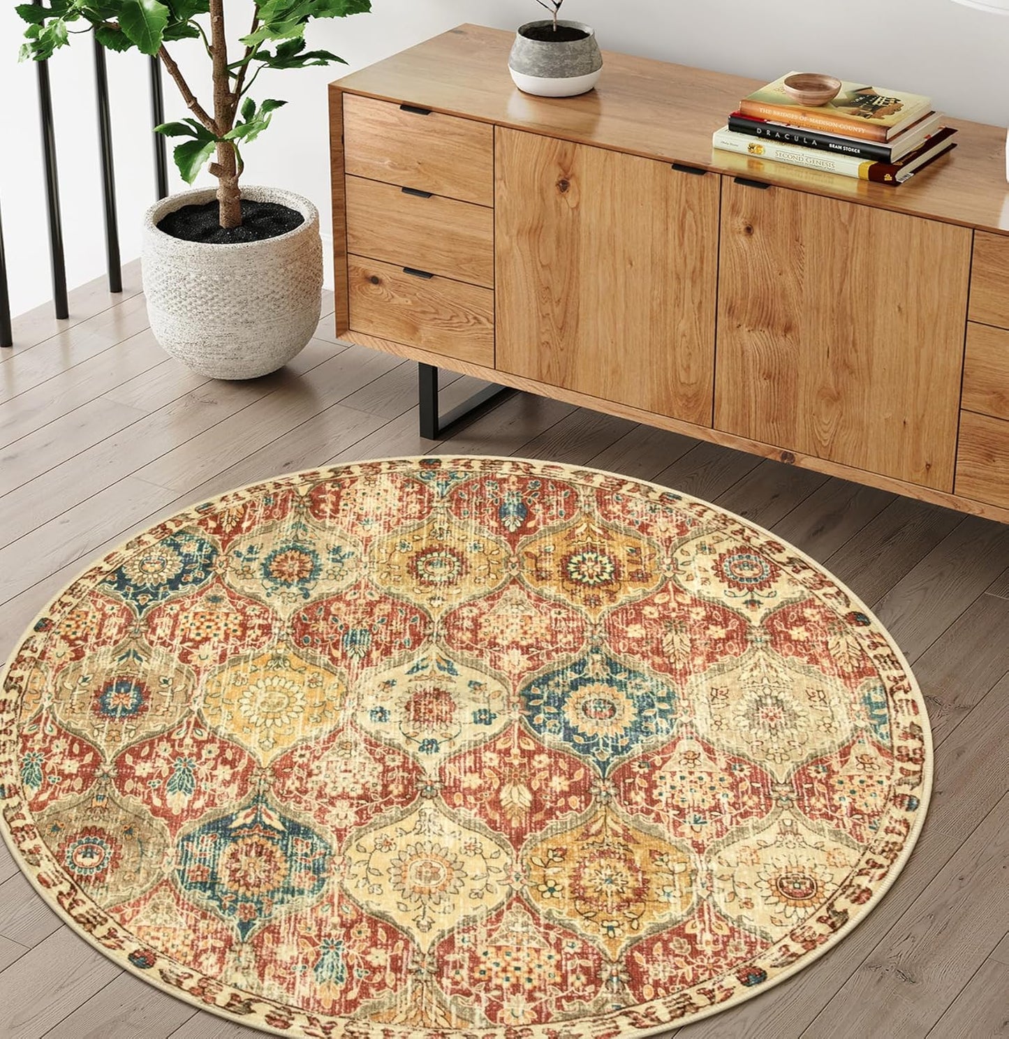 Lahome Moroccan Trellis Washable Round Rugs, Non-Slip Soft Round Rug 4ft Ultra-Thin, Small Vintage Circle Carpet for Entryway Kitchen Bedroom Nursery Bathroom, Red/Orange