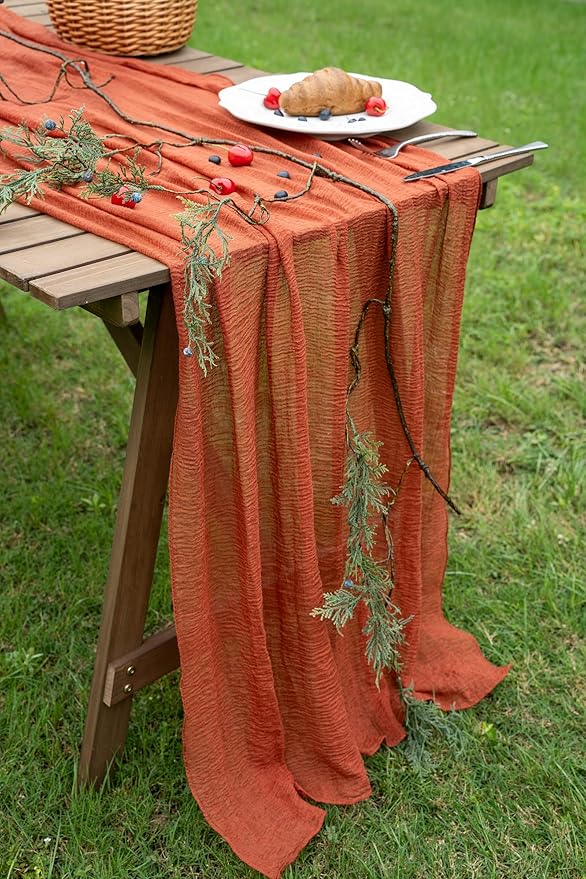 Keketo Fall Table Runner Terracotta Rust Gauze 120 Inch 10 FT Rustic Burnt Orange Cheese Cloth for Wedding Baby Bridal Shower Party Centerpiece Sheer Thanksgiving Decor Fall Decorations for Home