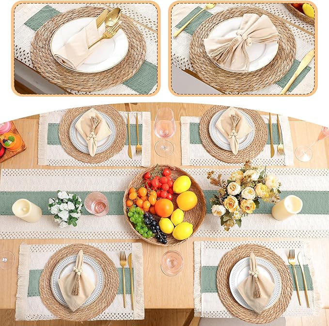 6 Sets Boho Placemats Round Woven Placemats, Cloth Napkins, Wood Bead Napkin Rings, Long Table Runner and Farmhouse Rustic Natural Burlap Cotton for Kitchen Dining Table Home (Green)