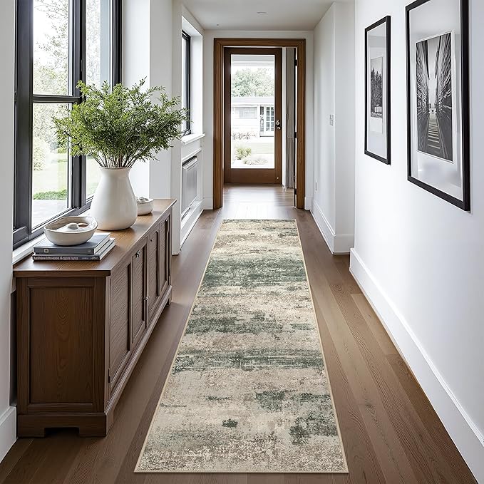 Runner Rug for Hallway Kitchen, 2x10 Machine Washable Runners Rug for Entryway, Soft Modern Abstract Throw Rugs, Low Pile Floor Cover with Non Slip Backing, Muted Green/Beige