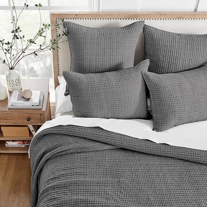 Levtex Home Mills Waffle Twin Bedspread Set (84x104in) with 1 Pillow Sham (26x20in) - Charcoal - 100% Cotton Twin Size Bedspread Set - Lightweight, Soft, Pre-Washed