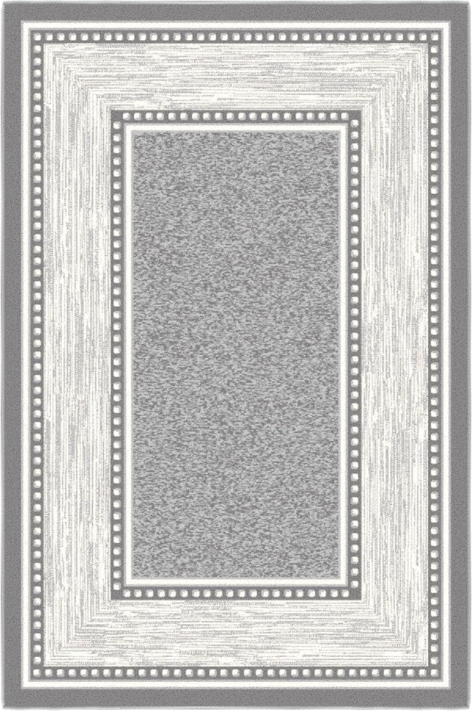 Ottomanson 2-Piece Kitchen Rug Set - Non Slip, Runner & Small Area Rug - Border - 20" x 59" & 2'3" x 3' - Durable, Stain Resistant for Entryway, Bedroom and Bathroom, Light Gray