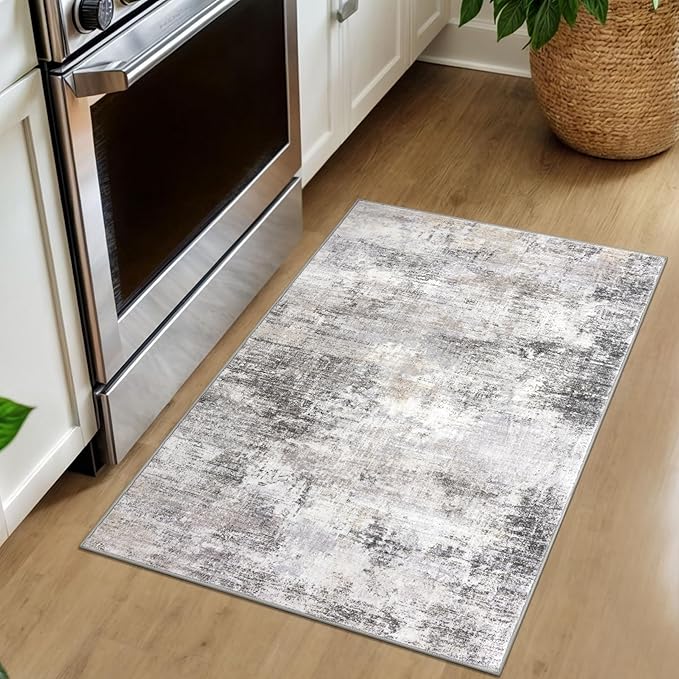 IOHOUZE Small Abstract Area Rug 2x3 Ft Entryway Rugs Washable Door Mat Indoor Entrance, Rubber Backed Throw Rugs, Printed Faux Wool Non Slip Floor Carpet for Foyer Front Door Sink, Grey Beige