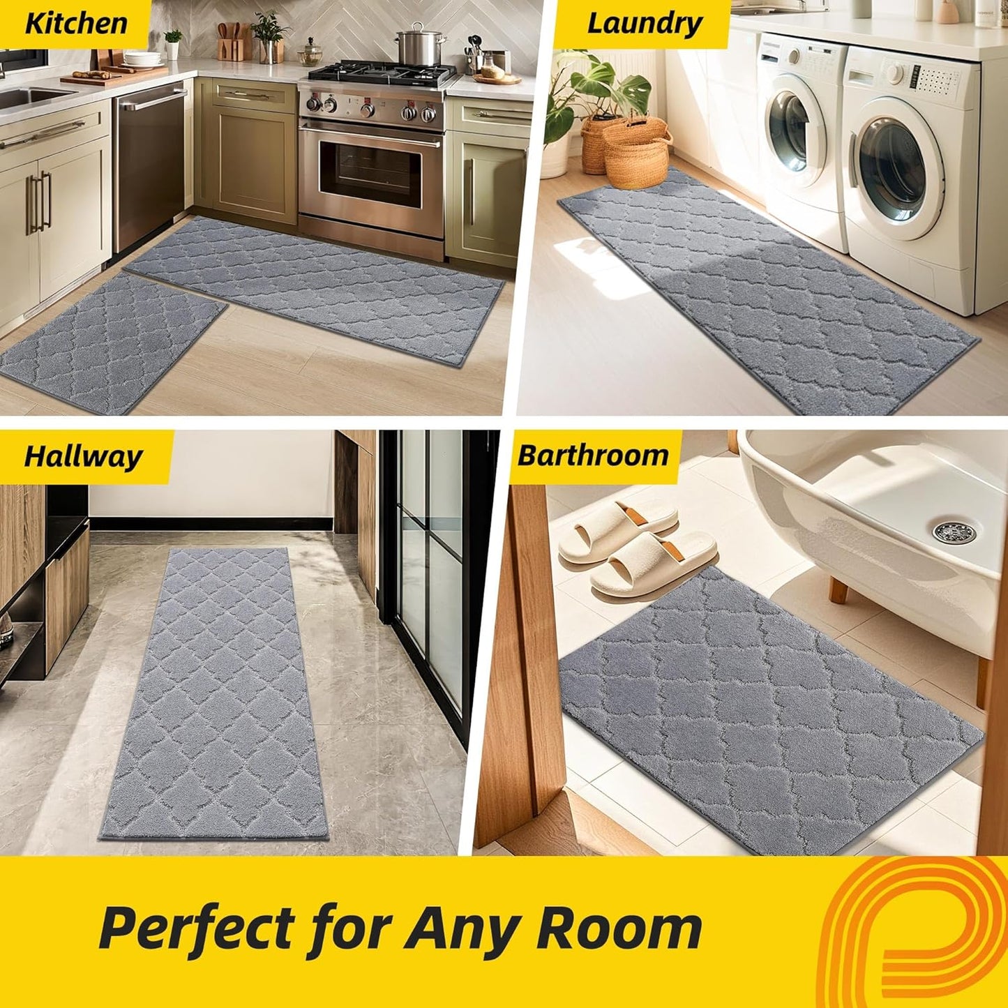 JSEI Kitchen Rugs, Non-Slip Kitchen Mats for Floor, Soft Washable Absorbent Kitchen Mats 2 Pieces, Kitchen Carpet Runner with TPR Backing, Polyester, 24”x36”+24”x60”, Light Grey