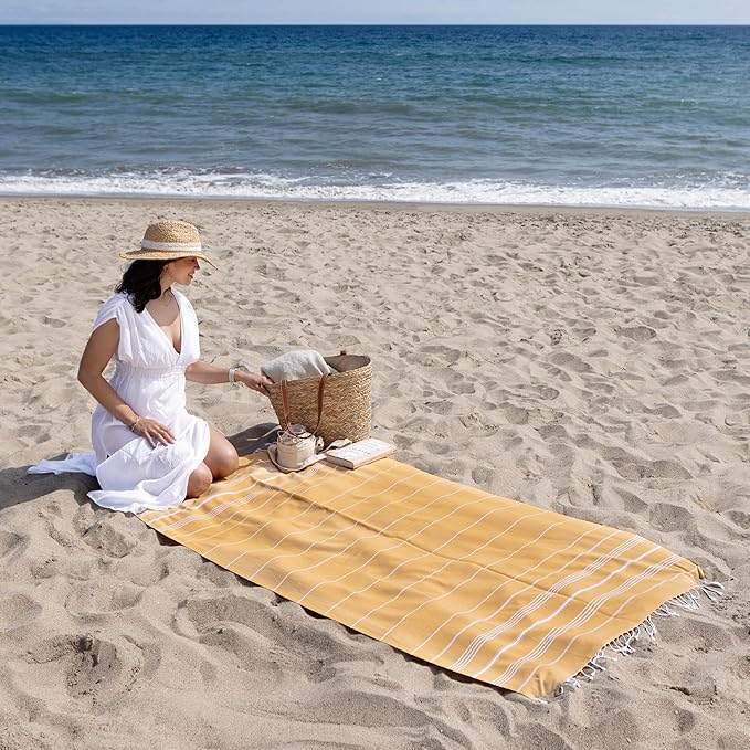 WETCAT Turkish Beach Towel Oversized (38"x71") 100% Turkish Cotton, Made in Turkey - Sand Free, Extra Large, Ultra Soft, Quick Drying, Compact & Lightweight for Travel - Honey Gold