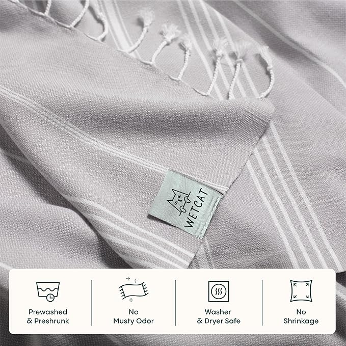 WETCAT Turkish Beach Towel Oversized (38"x71") 100% Turkish Cotton, Made in Turkey - Sand Free, Extra Large, Ultra Soft, Quick Drying, Compact & Lightweight for Travel - Light Grey