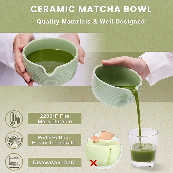 Matcha Whisk Set, Ceramic Matcha Set Includes Matcha Bowl, Matcha Whisk (Chasen) and Holder, Sifter, Bamboo Scoop & Spoon - 6 Pcs Matcha Kit for Matcha Lovers Cyan