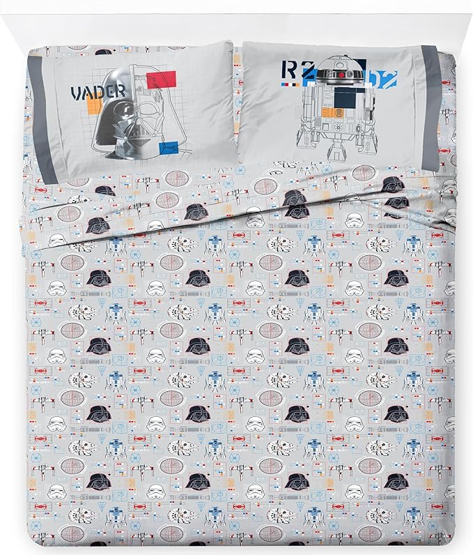 Jay Franco Kids Sheet Set with Fitted, Flat Sheets & Pillow Cover - Ultra-Soft Bedding with Pillowcase for Room Decor, Gray - Star Wars, 4 Piece Full