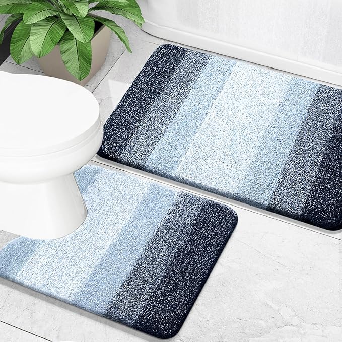 OLANLY Bathroom Rug Set 2 Piece, Soft Absorbent Microfiber Bath Mats and U-Shaped Contour Toilet Rug, Non-Slip, Machine Wash Dry, Plush Shaggy Bath Mats for Bathroom (24"x16"+24"x20", Dark Blue)