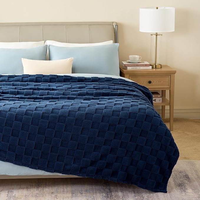 Joiedomi Queen Size Blanket for Bed, Soft Blue Fleece Checkered Blankets Gifts for Women Mom Girls, 280GSM Cozy Cute Soft Throw Home Room Decor Aesthetic Gifts 90x90 Inches