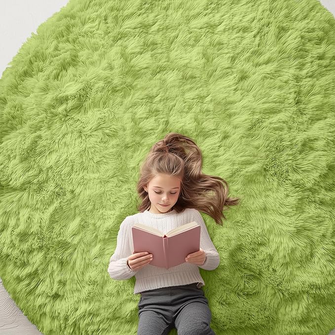 OLANLY Grass Green Round Rugs for Bedroom - Machine Washable, 7 ft Circle Area Rugs for Living Room, Soft and Fluffy Shaggy Carpet for Teen Girls and Boys, Nursery Rooms, Dorms, Home Decor Aesthetic