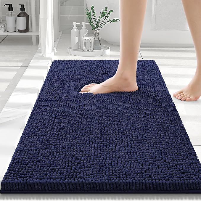 Smiry Luxury Chenille Bathroom Rugs 30x20, Extra Soft and Absorbent Shaggy Bath Mat, Machine Washable, Non-Slip Plush Carpet Runner for Tub, Shower, and Floor, Home Decor Accessories, Navy Blue