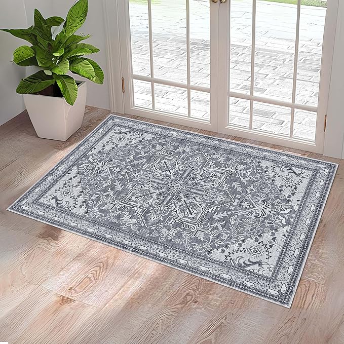 Washable Entryway Rug 3x5 | Non Slip Rug Runners for Hallways, Entryways, Kitchens, Bathrooms, Bedrooms | Ultra-Soft Flannel Carpet Kitchen Rug with Rubber Backing (Frosted Graphite, 3x5)