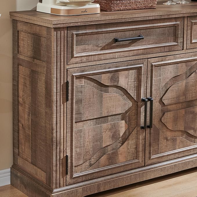 JXQTLINGMU 55" Large Buffet Sideboard Cabinet with 3 Doors and 2 Drawers, Buffet Table Coffee Bar Wine Bar Storage Cabinet for Dining Room, Living Room, Warm Brown