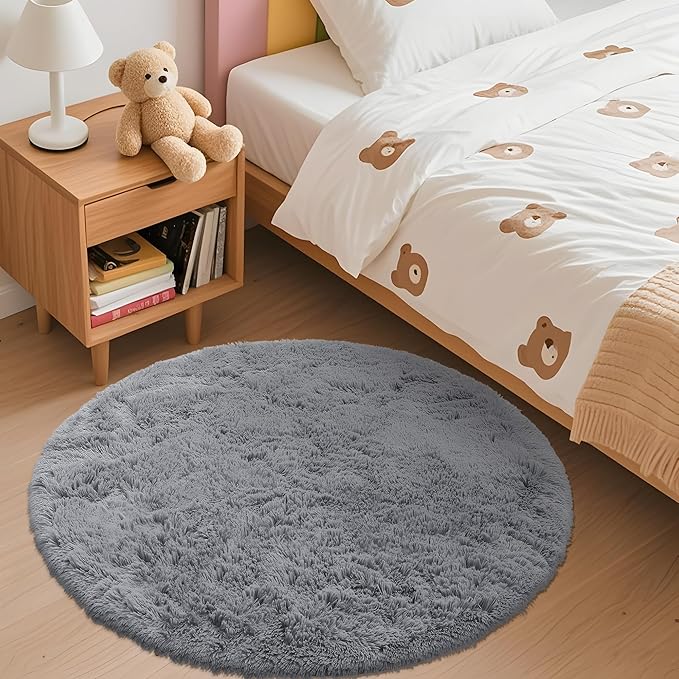 OLANLY Light Grey Round Rugs for Bedroom - Machine Washable, 3 ft Circle Area Rugs for Living Room, Soft and Fluffy Shaggy Carpet for Teen Girls and Boys, Nursery Rooms, Dorms, Home Decor Aesthetic