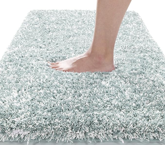 Yimobra Luxury Bathroom Rugs, Fluffy Bath Mats, Non Slip, Water Absorbent Microfiber, Machine Washable, Plush Carpet Shower Rugs, Thick Matts for Bathroom Floor/Tub, 44"x 24", Sky Light Blue and White
