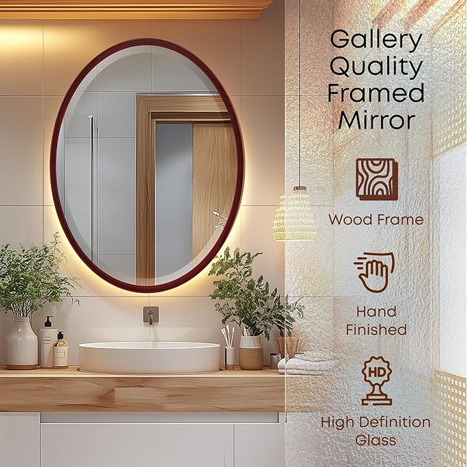 OVALCREST - Oval Wooden Beveled Wall Mirror for Home Decor, Bathroom, Vanity, Bedroom, Living Room, Hallway - London Style (Black Cherry) 31.1 x 41.1