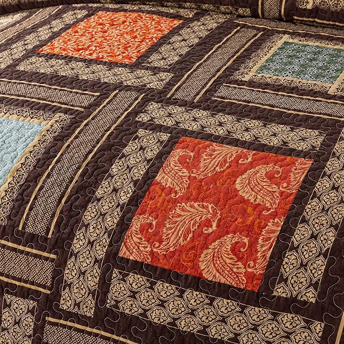 NEWLAKE Cotton Patchwork Bedspread, 3-Piece Bedding Quilt Set with Real Stitched Embroidery, Reversible Matelasse Bed Coverlet Set,Bohemian Farmhouse,King Size