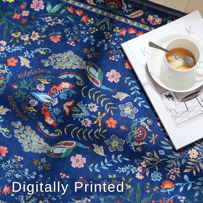 Living Room Rug 5x7 Rug Machine Washable Area Rug Floral Non-Slip Low Pile Large Rugs for Living Room, Bedroom, Farmhouse, Dining Room, Kids Playroom(Blue)