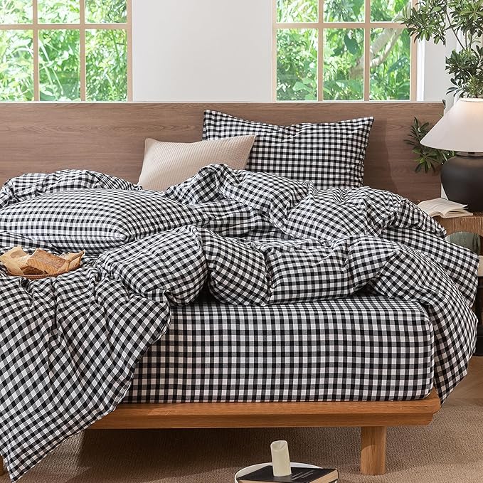 MooMee Gingham Duvet Cover Set 100% Washed Cotton Linen Like Textured Breathable Durable Soft Comfy Modern Checkered Design (Black White Gingham, Oversized Queen 98"x98")