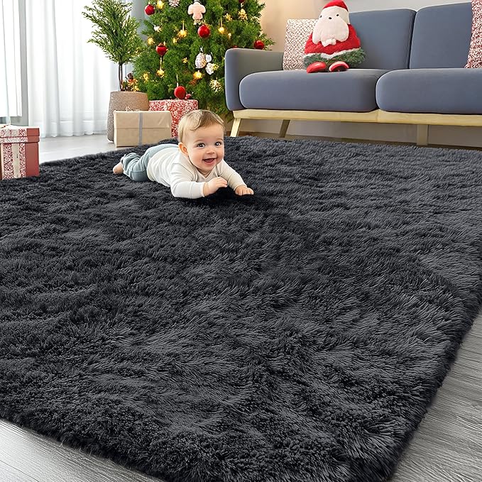OLANLY 6x9 Machine Washable Large Area Rugs for Living Room, Bedroom, Soft Fluffy Shaggy Bedside Rug, Indoor Floor Carpet for Kids Girls and Boys, Dorms, Nursery, Home Decor Aesthetic, Black