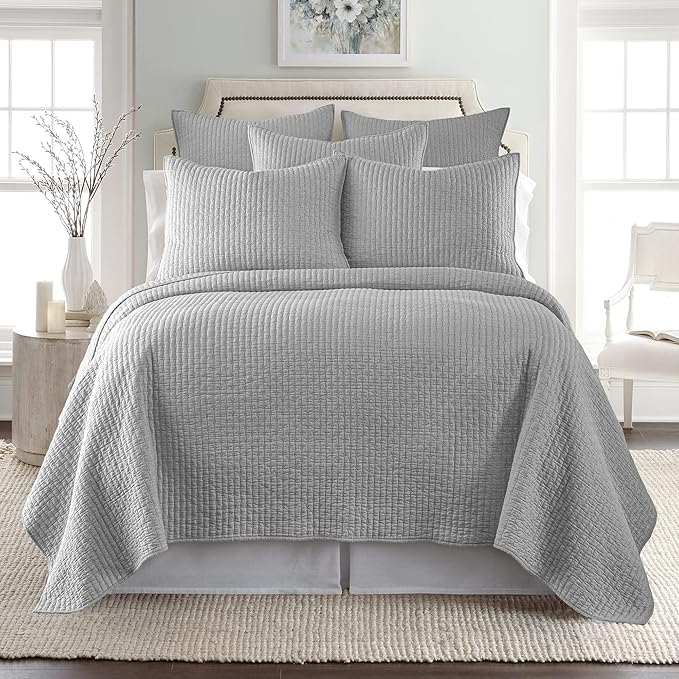 Levtex Home Cross Stitch Reversible Twin XL/Twin Quilt Set (68x86in) and 1 Pillow Sham (26x20in) - Stitch Texture - Light Grey - Cotton Twin/Twin Size Quilt Bedding Set - Lightweight Soft Pre-Washed