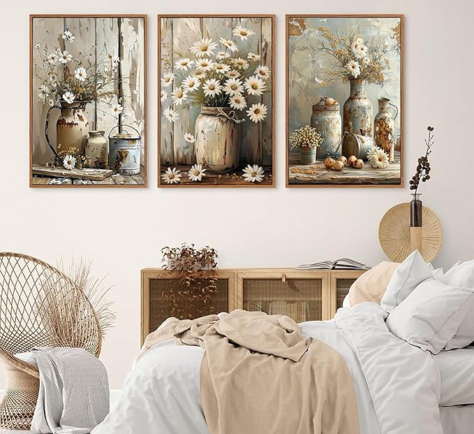 Rustic Farmhouse Daisy Flower Canvas wall art Vintage Country Floral Poster Print Artwork Modern Still Life Nature Botanical Wall Decor for Bedroom, Living Room Bathroom Scene Furniture Decoration
