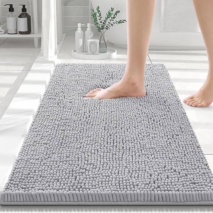 Smiry Luxury Chenille Bathroom Rugs 30x20, Extra Soft and Absorbent Shaggy Bath Mat, Machine Washable, Non-Slip Plush Carpet Runner for Tub, Shower, and Floor, Home Decor Accessories, Light Grey